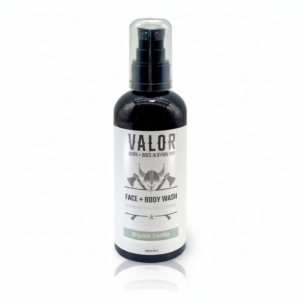 Bottle of Valor face and body wash on a white background