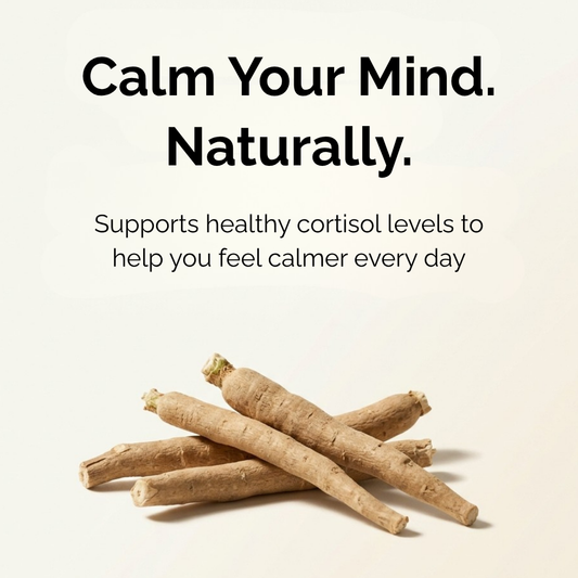 Root vegetables with text promoting natural stress relief and healthy cortisol levels on a beige background