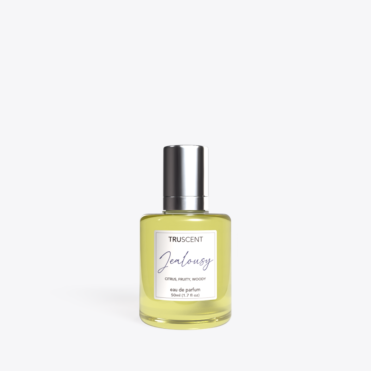 A bottle of Truscent 'Jealousy' eau de parfum with a silver cap and a white label, containing a pale yellow liquid, set against a solid light gray background.
