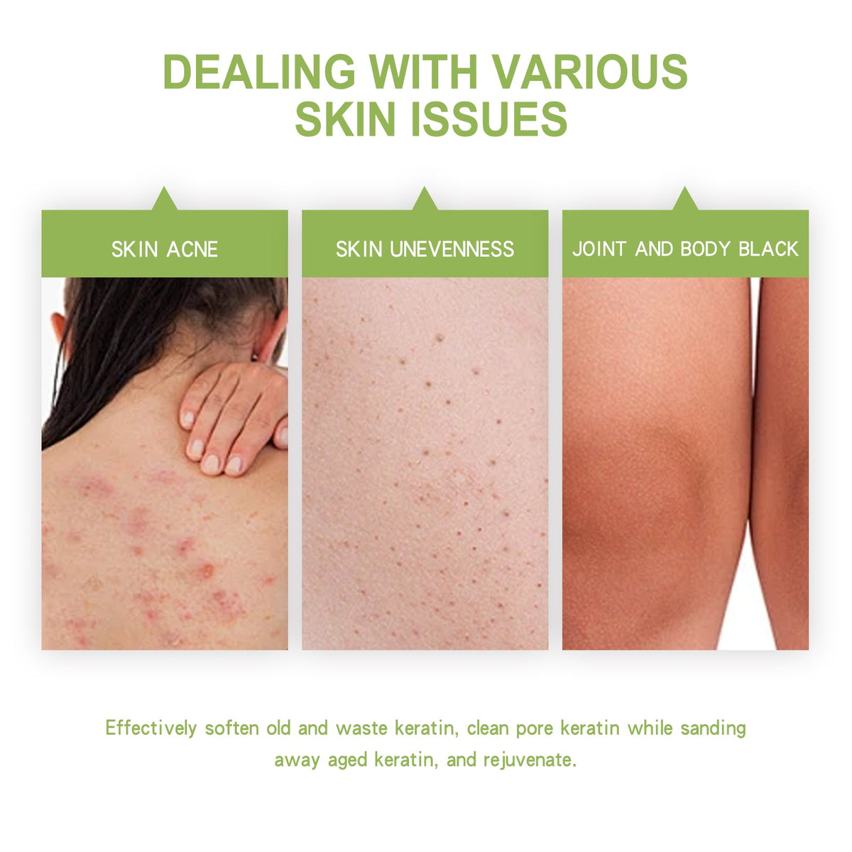 Illustration of skin issues and a product's effectiveness on different skin conditions.