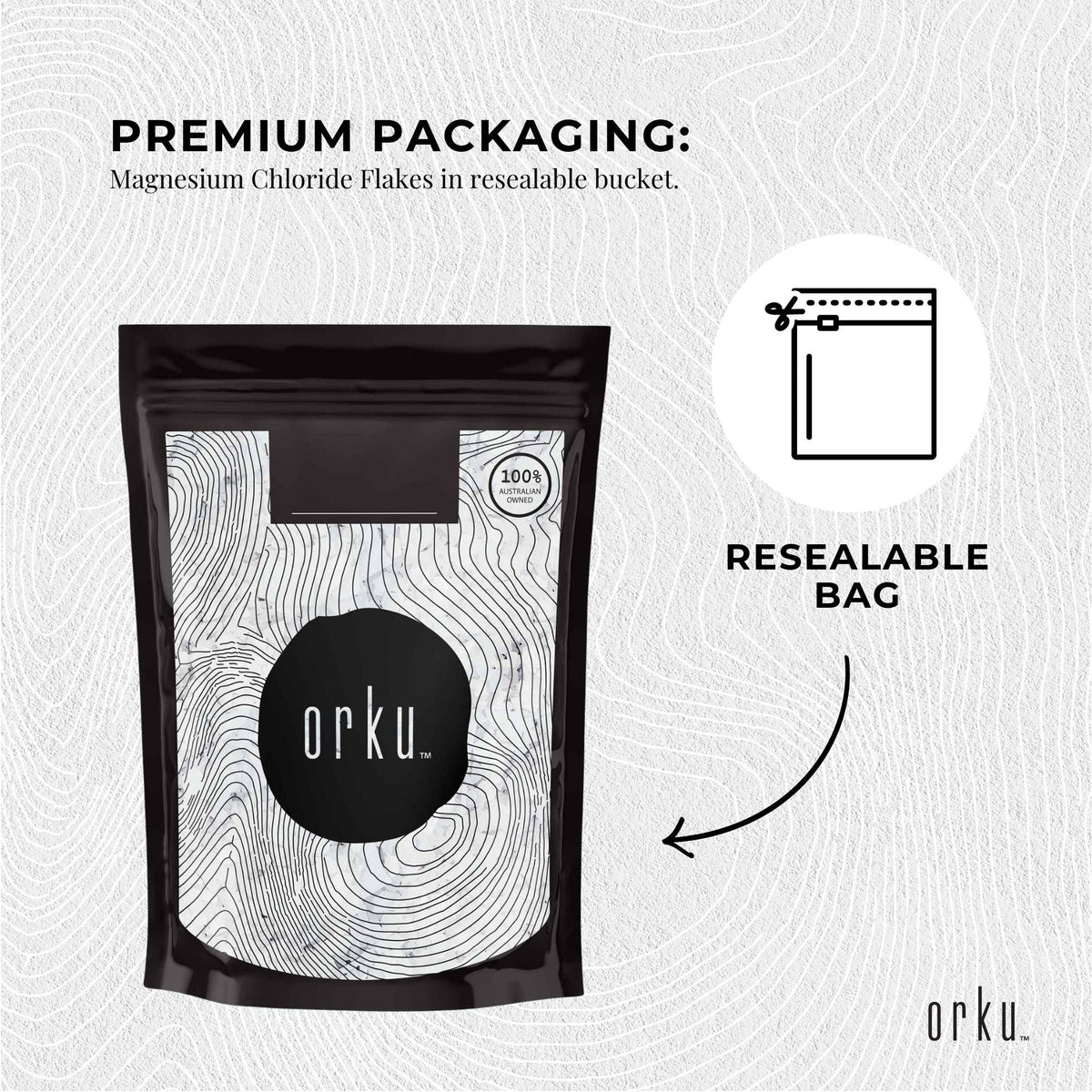 Orku packaging with resealable bag feature on a light gray background
