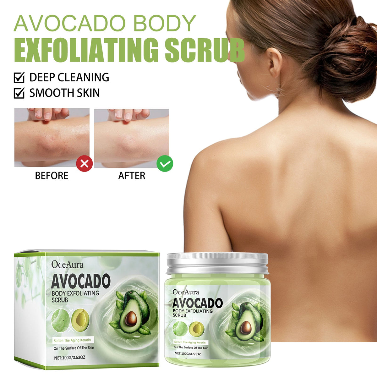 Avocado body exfoliating scrub packaging with a woman applying scrub and text highlighting benefits.