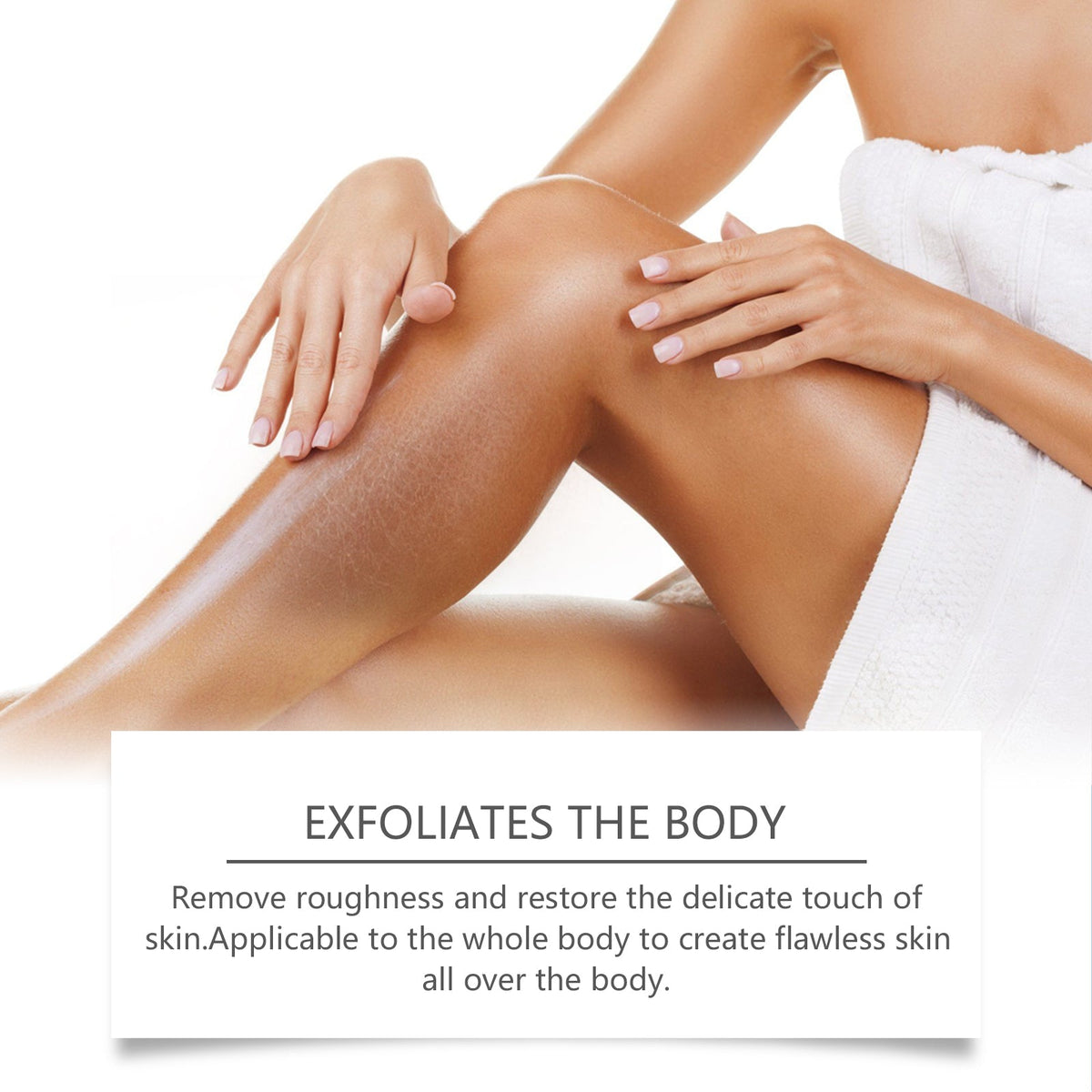 Woman's legs with smooth skin on a white background, highlighting anti-aging effect with text about grapeseed and coconut oil.