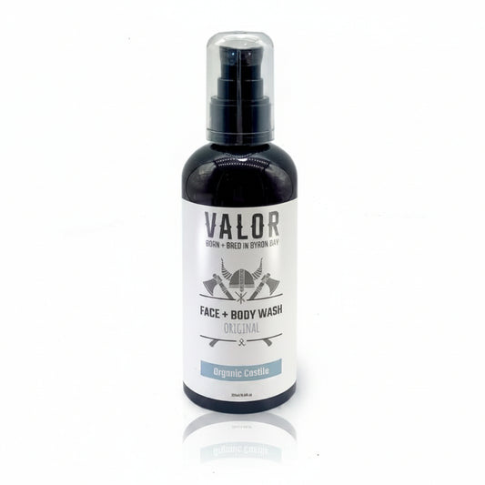 Bottle of Valor face and body wash on a white background