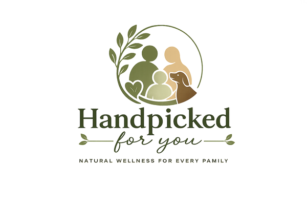 A logo-style graphic on a white background with the words 'Handpicked for you' and 'Natural Wellness for Every Family.' Above the text is a circular emblem showing simplified silhouettes of a family and a dog in muted green, beige, and brown tones, with leaf accents.