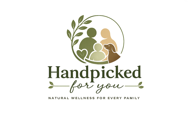 A logo-style graphic on a white background with the words 'Handpicked for you' and 'Natural Wellness for Every Family.' Above the text is a circular emblem showing simplified silhouettes of a family and a dog in muted green, beige, and brown tones, with leaf accents.