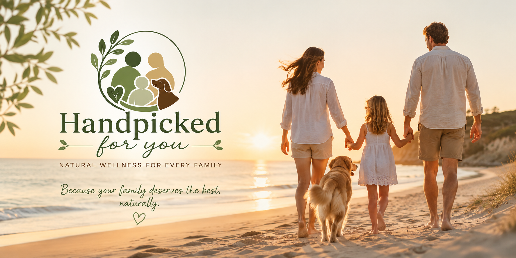 A family of four walking hand in hand with a golden retriever dog on a sandy beach at sunset, with the text 'Handpicked for you' and a wellness logo on the left side.