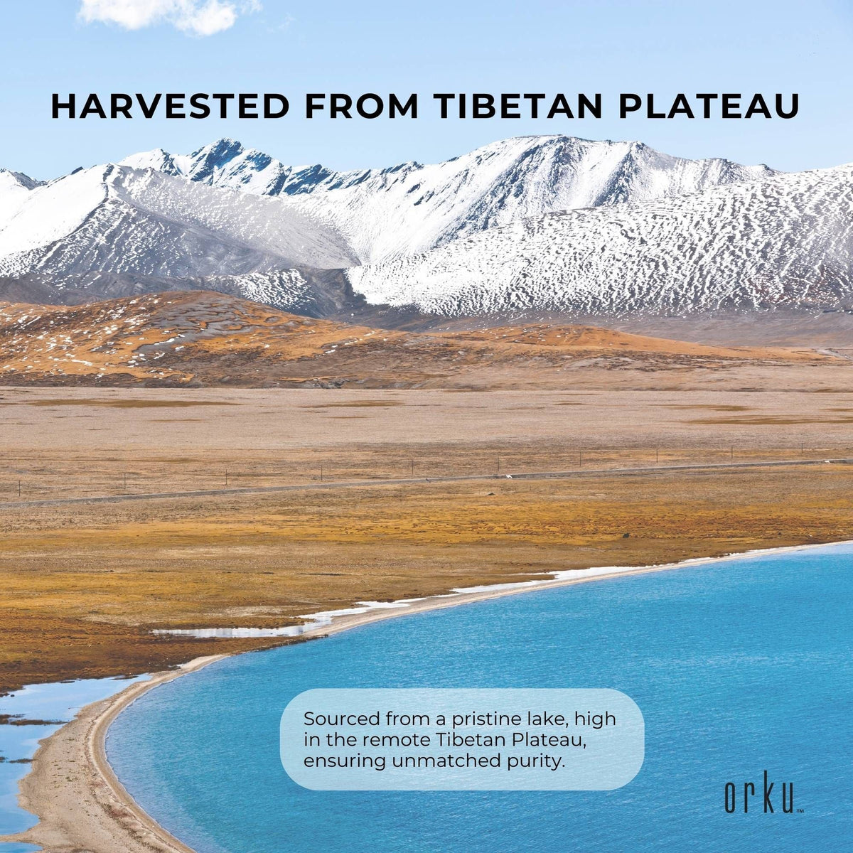 Scenic view of a lake with snow-capped mountains in the Tibetan Plateau, featuring the brand 'orku'.