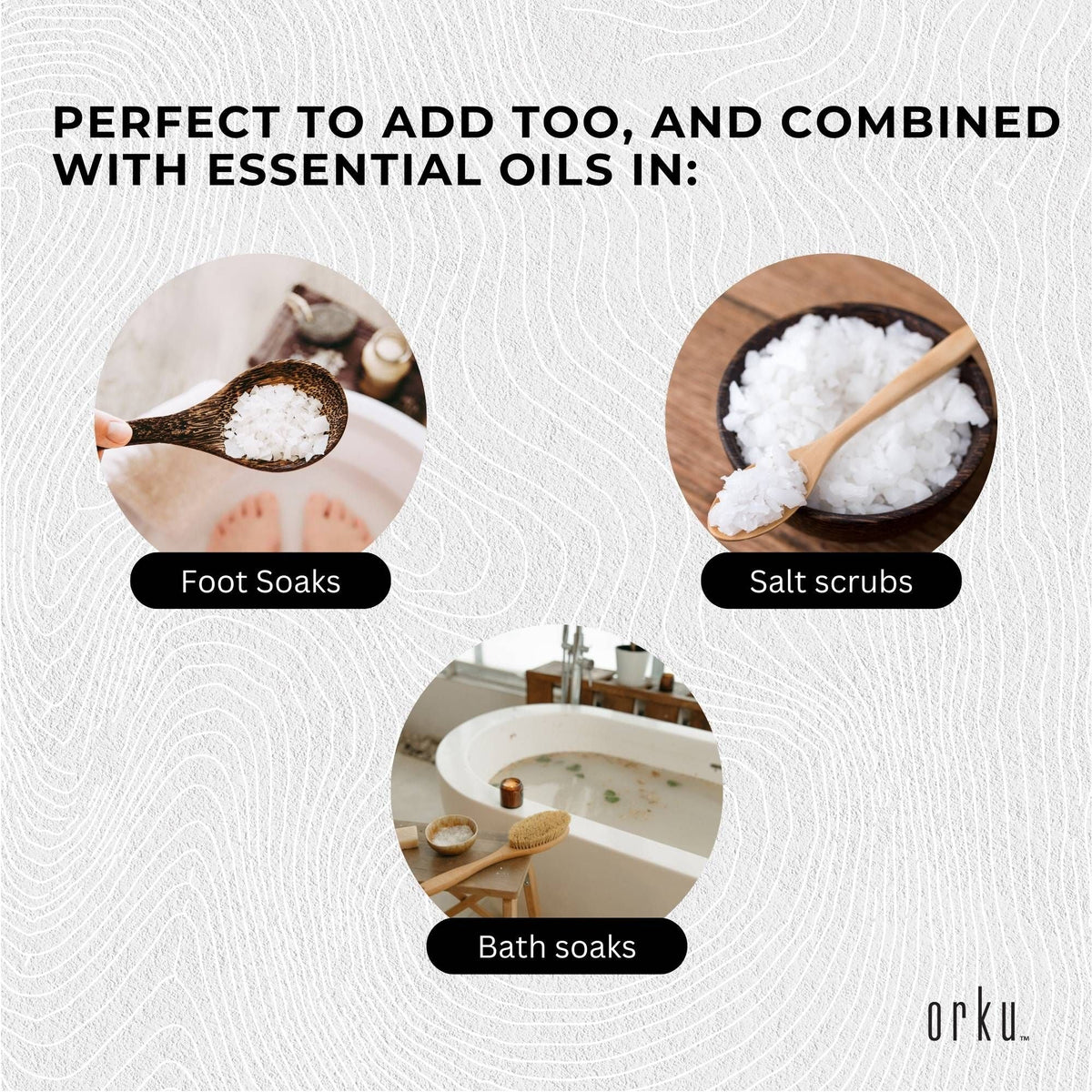 Promotional graphic for foot soaks, salt scrubs, and bath soaks with Orku branding.