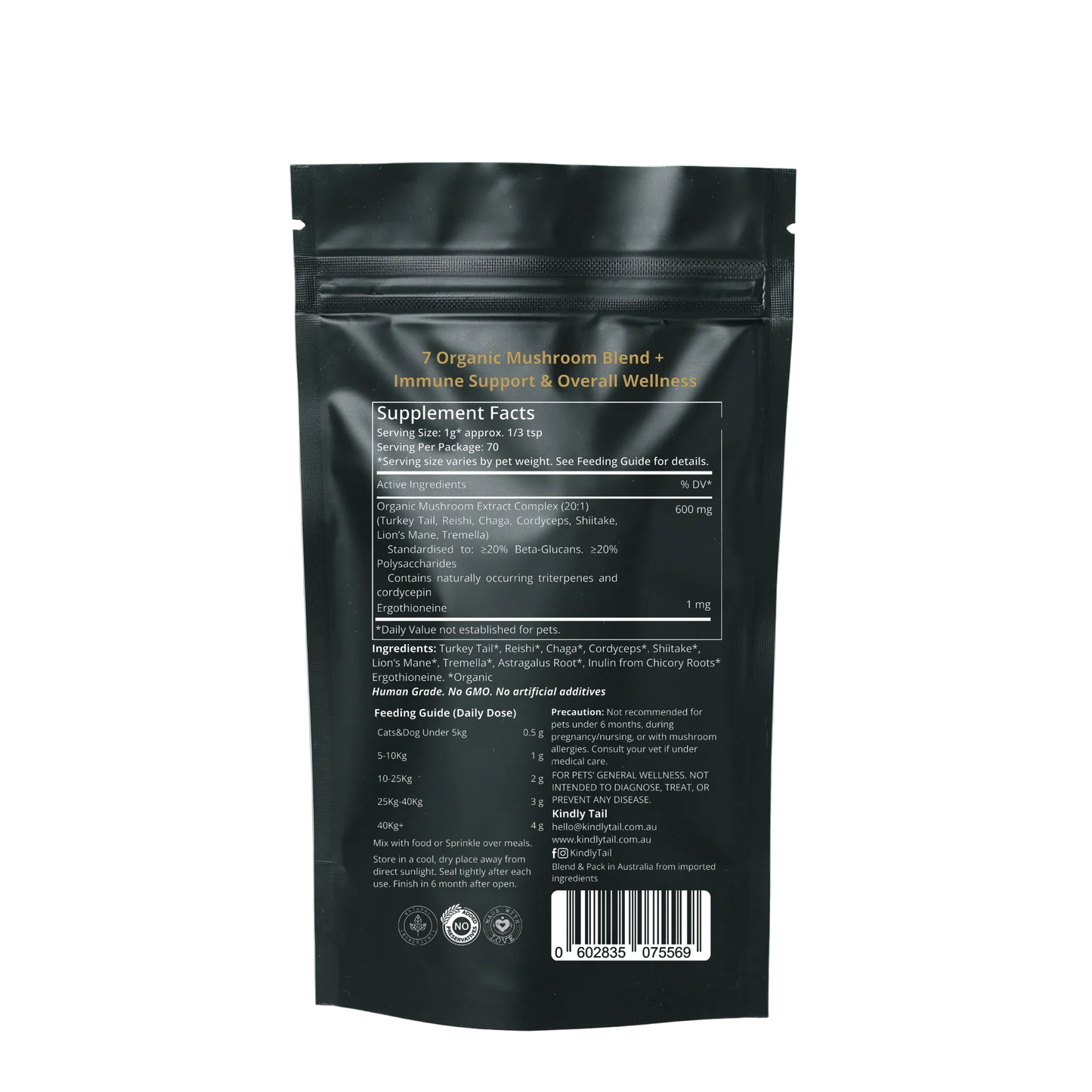 The back of a black stand-up pouch package for '7 Organic Mushroom Blend' is shown against a light gray background. The package features a white supplement facts panel with text and a barcode at the bottom.