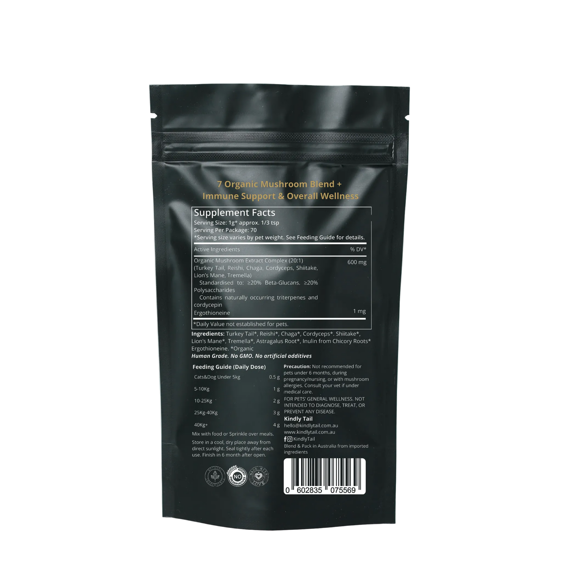 The back of a black stand-up pouch package for '7 Organic Mushroom Blend' is shown against a light gray background. The package features a white supplement facts panel with text and a barcode at the bottom.