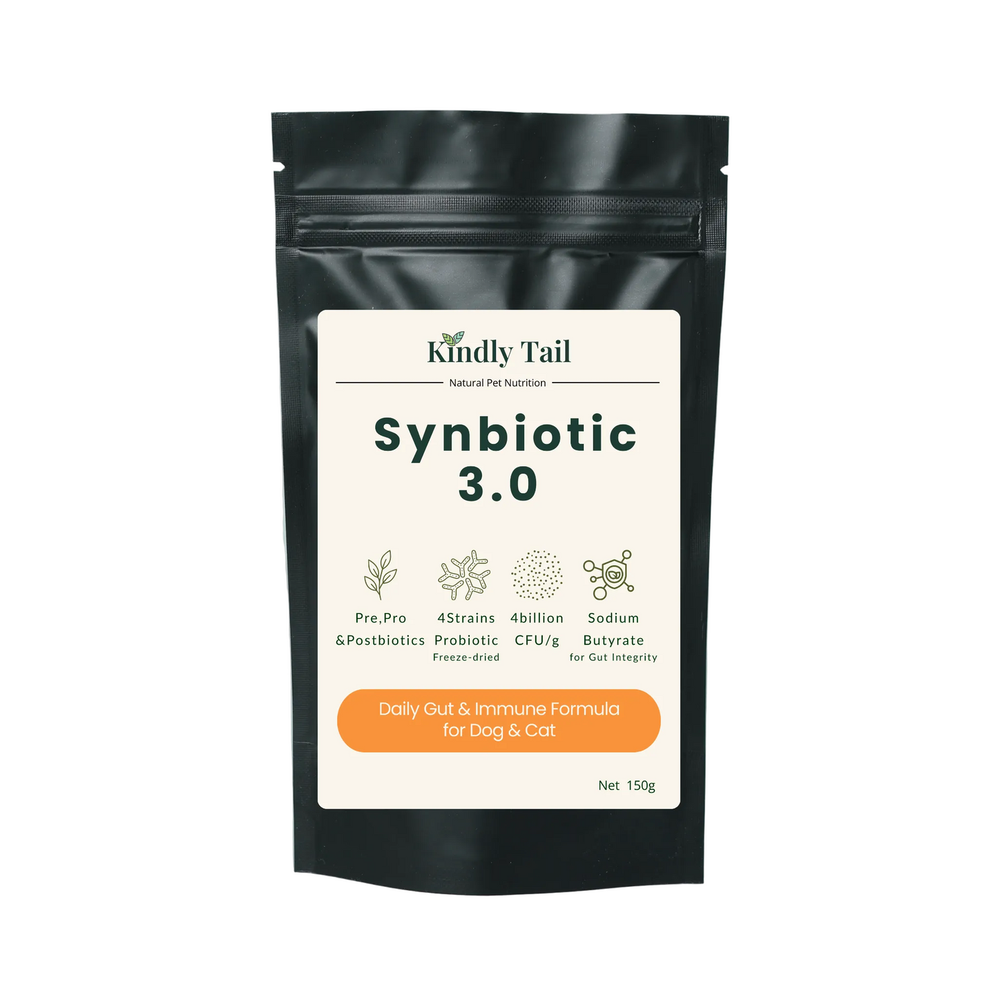 A black stand-up pouch of Kindly Tail Synbiotic 3.0 pet supplement, featuring a cream label with green text and icons, set against a light blue-gray background.