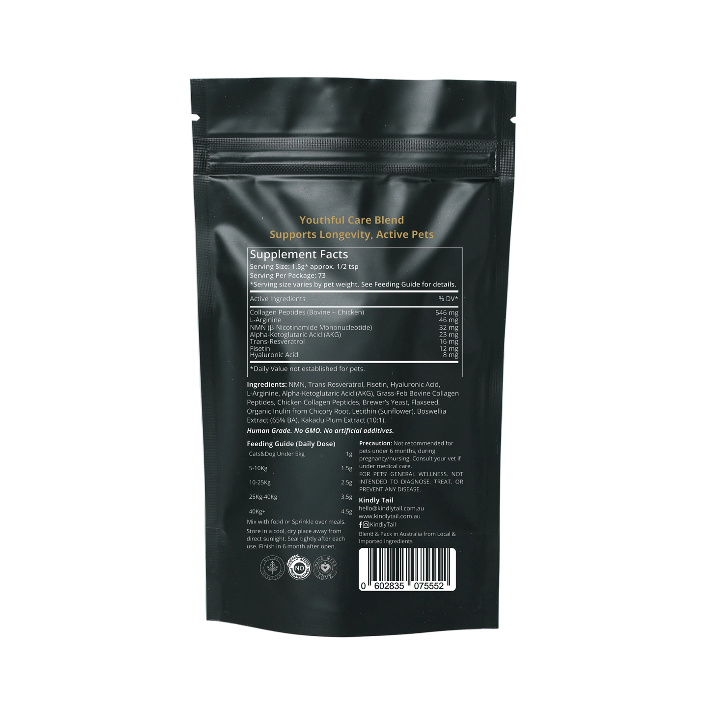 The back of a black resealable stand-up pouch for youthful care dried pet food, showing supplement facts, ingredients, and a barcode against a light gray background.