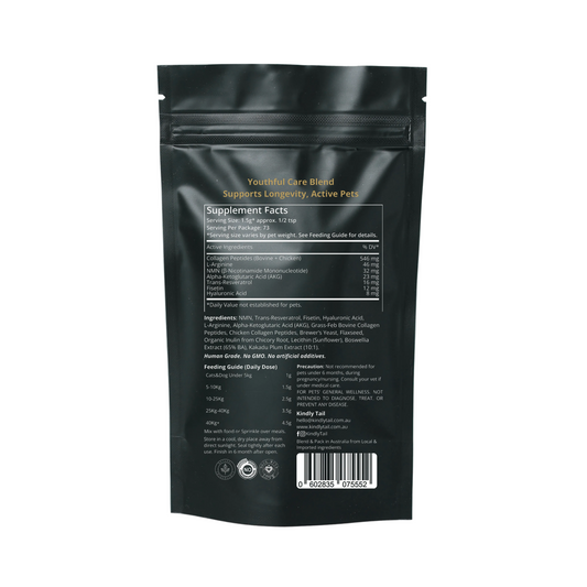 The back of a black resealable stand-up pouch for youthful care dried pet food, showing supplement facts, ingredients, and a barcode against a light gray background.