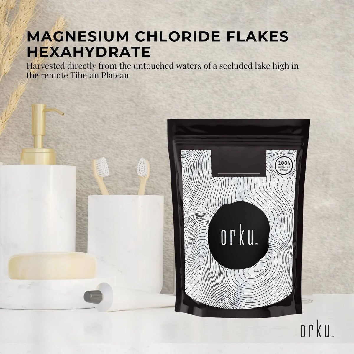 Orku magnesium chloride flakes hexahydrate packaging with a neutral background