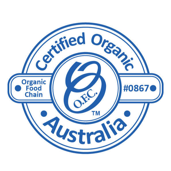 Certified Organic Australia logo with 'O.F.C.' symbol on a white background