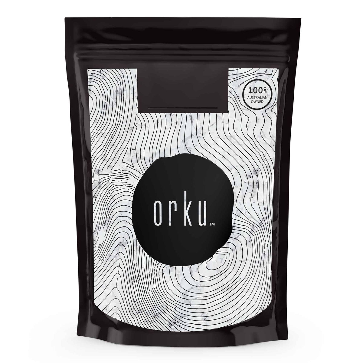 Orku bath salt package with black and white design on a white background