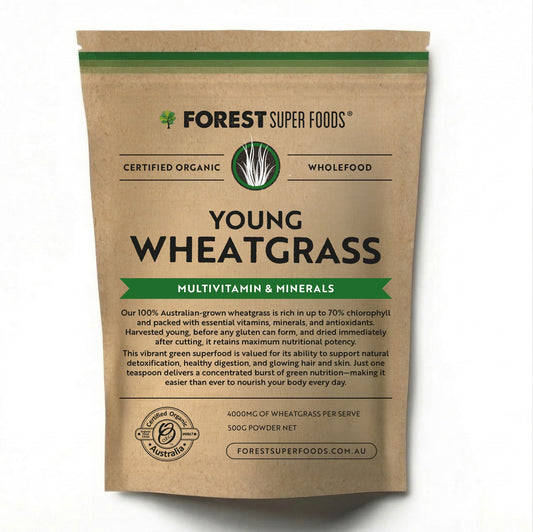 Package of Forest Super Foods Young Wheatgrass on a white background