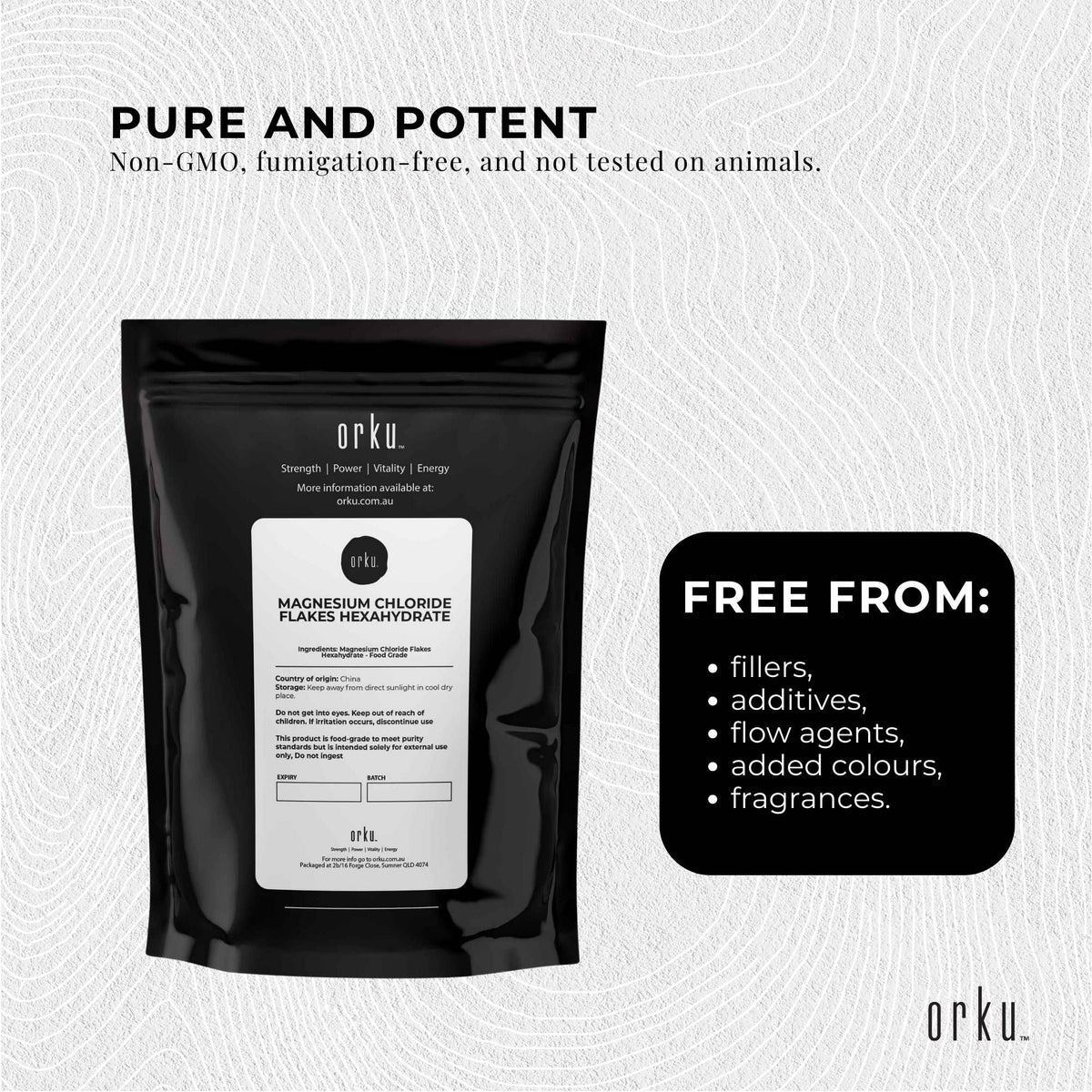 Orku product packaging with text about purity and ingredients on a light gray background