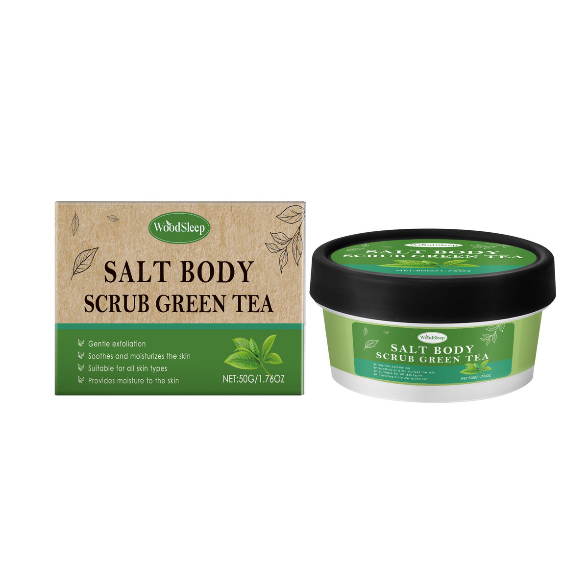 A jar of WoodSleep Salt Body Scrub Green Tea next to its brown kraft paper box packaging, displayed on a clean white background.