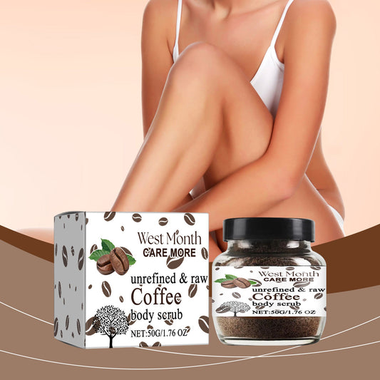 West Month Care More coffee body scrub packaging with a person in the background