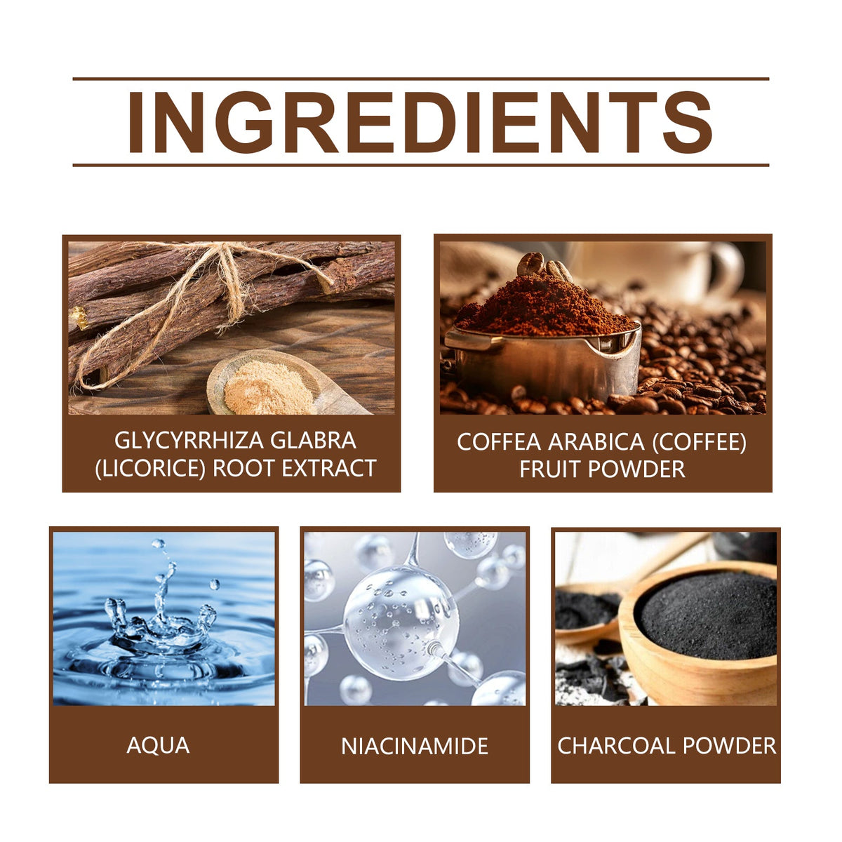 Ingredients list with images and names of components like licorice root extract, coffee fruit powder, water, niacinamide, and charcoal powder.