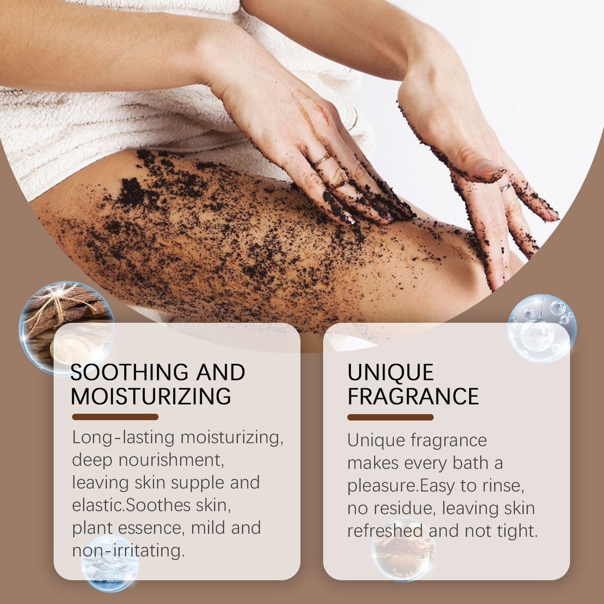 Person applying a scrub to their leg with text about soothing and moisturizing properties and unique fragrance.