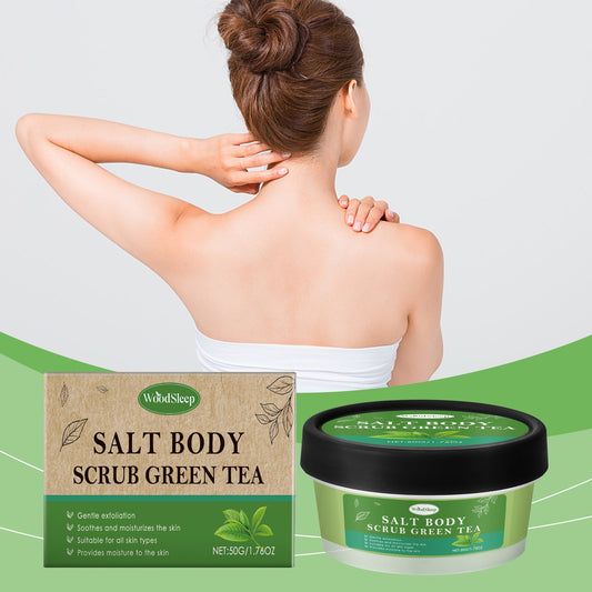A woman shown from the back with her neck and shoulders, alongside product packaging for Wohasleep Salt Body Scrub Green Tea, including a cardboard box and a green-labeled tub.
