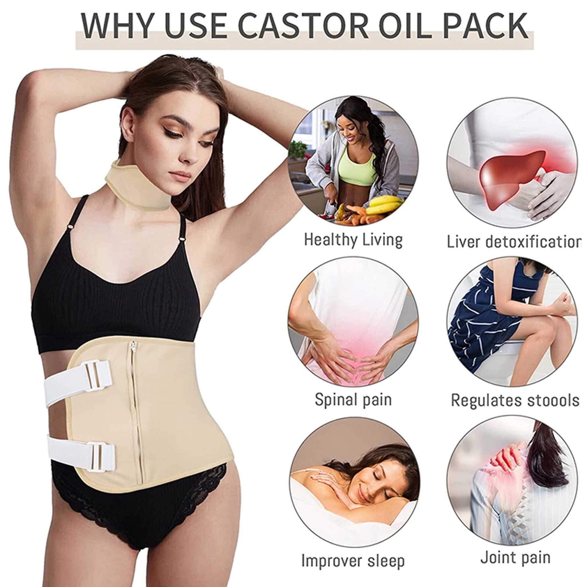 A woman modeling a beige castor oil back and waist support belt with white straps, alongside six circular inset diagrams explaining benefits such as healthy living, liver detoxification, spinal pain relief, regulating stools, improving sleep, and joint pain relief.