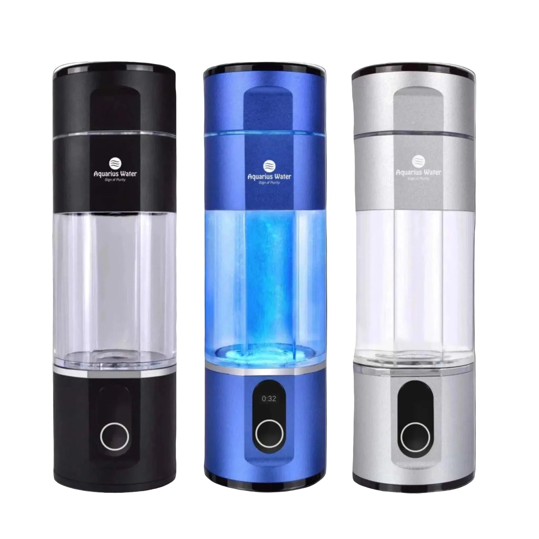 Three Aquarius Water portable water purifiers in black, blue, and silver, arranged side-by-side against a plain white background.