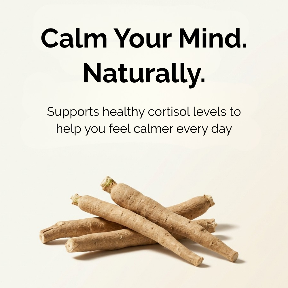 Root vegetables with text promoting natural stress relief and healthy cortisol levels on a beige background