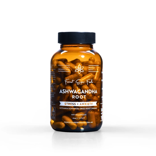 Bottle of Ashwagandha root capsules on a white background