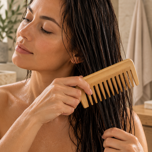 Lifestyle image of a woman combing wet hair with a wide-tooth bamboo comb