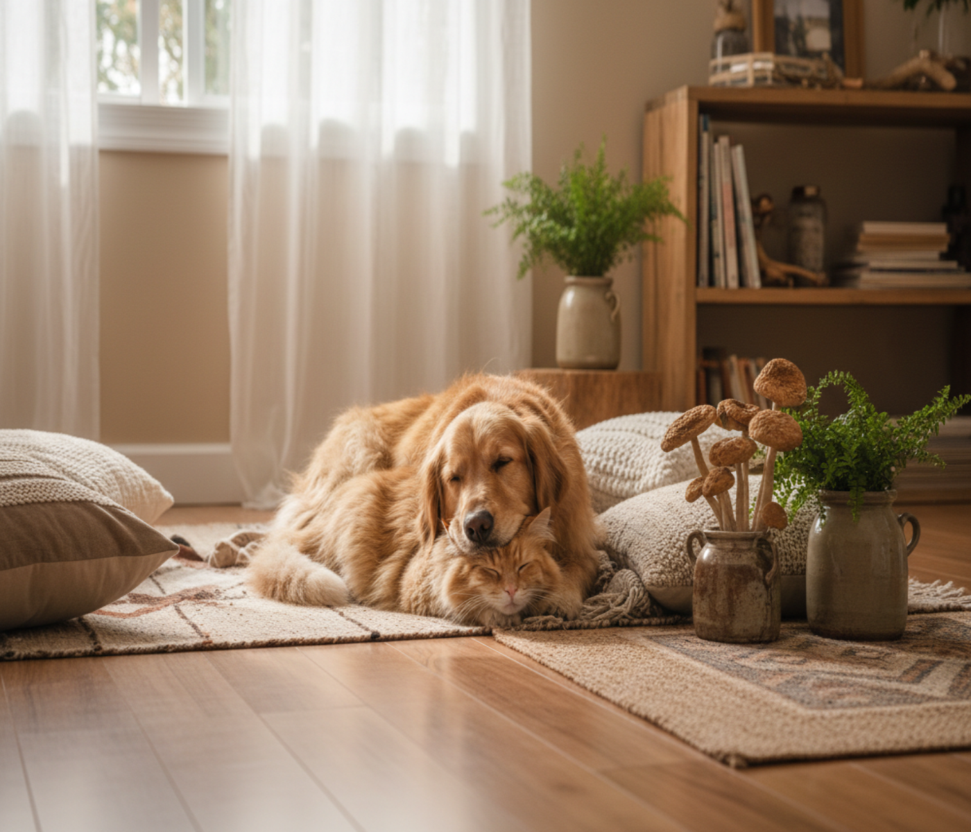 A golden retriever dog and a cat rest together on a woven rug in a cozy, sunlit room with a wooden floor, bookshelf, and potted plants.