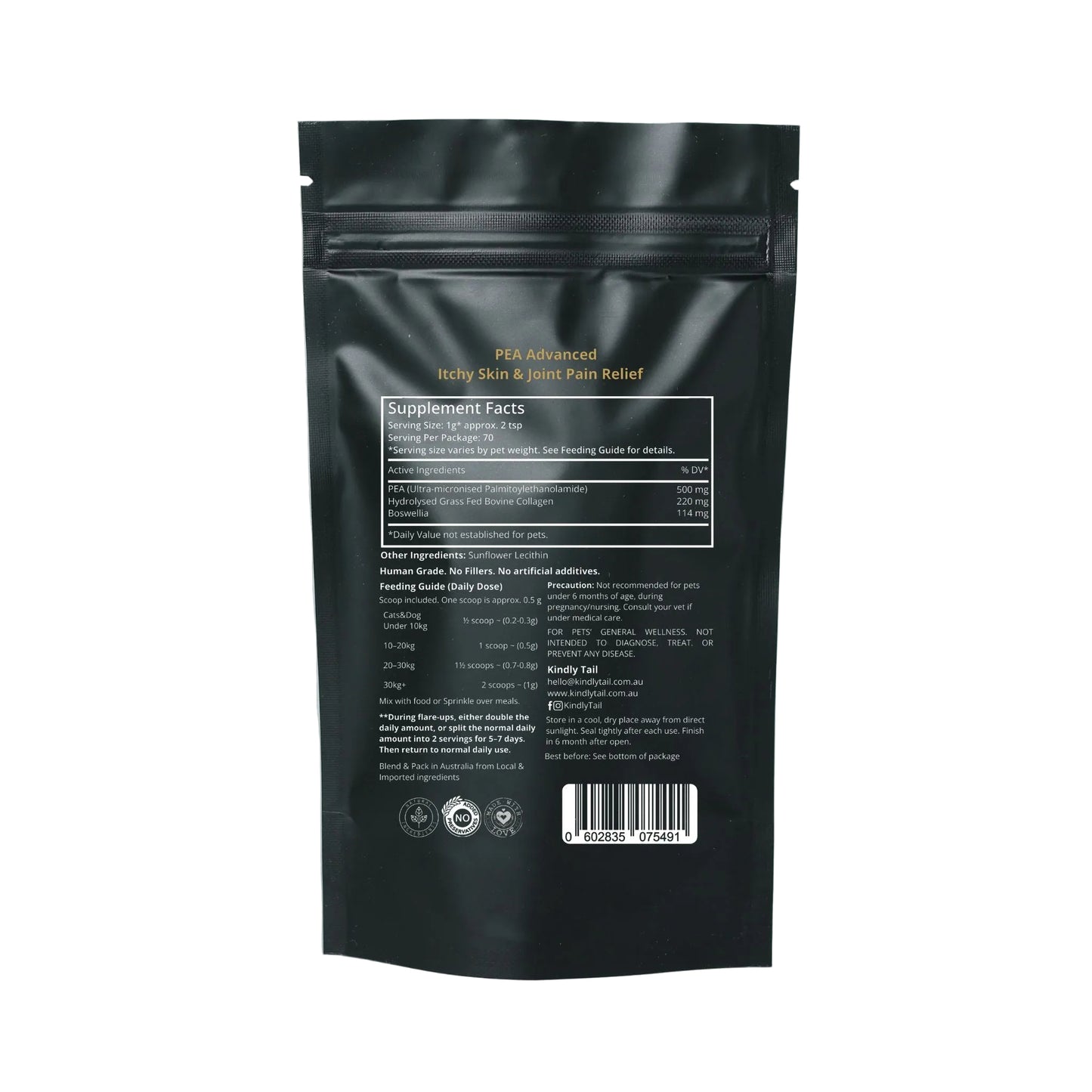 Black supplement package with text on a light gray background