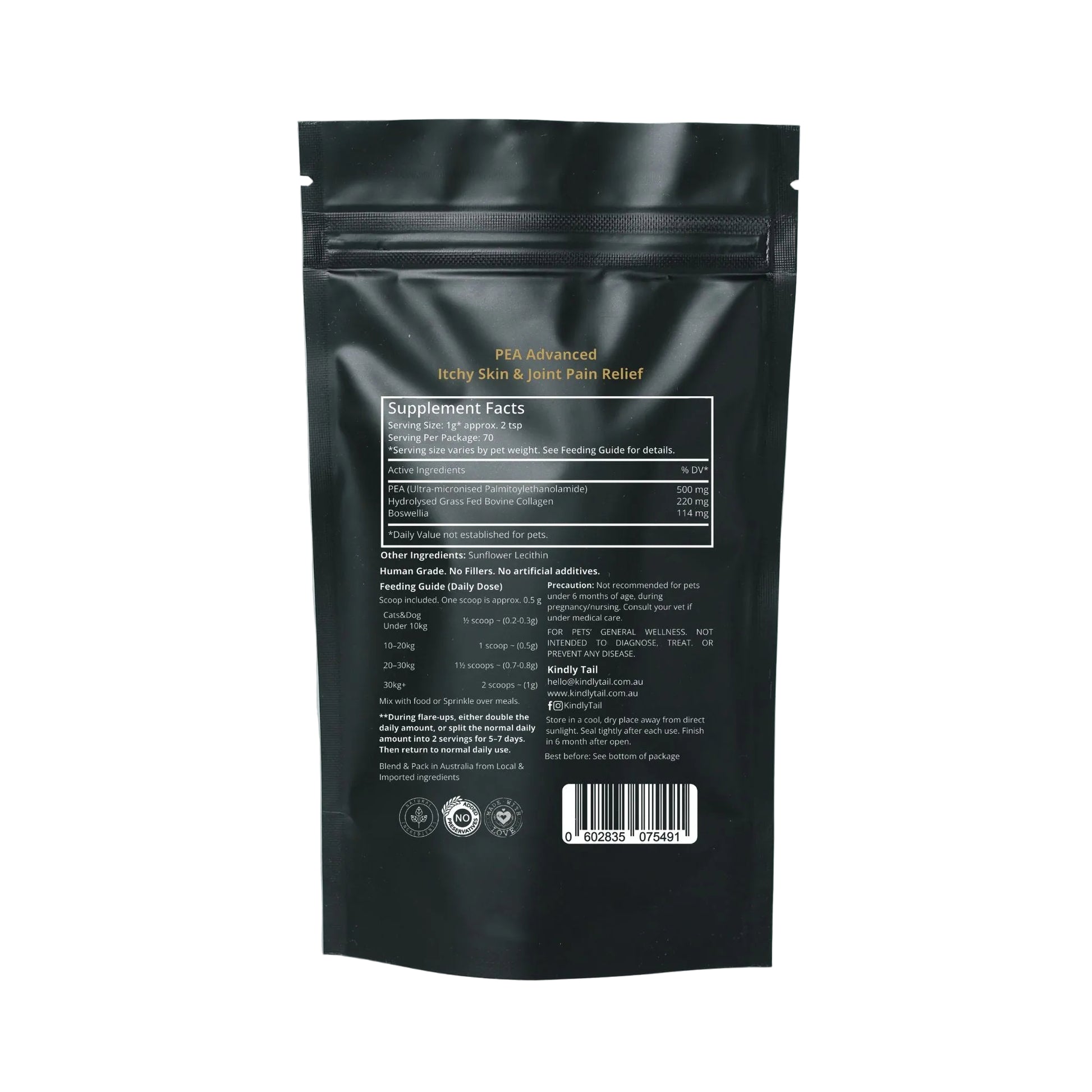 Black supplement package with text on a light gray background