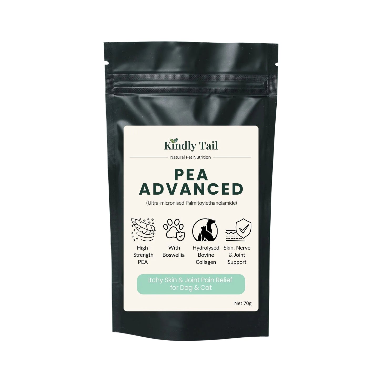 Kindly Tail Pea Advanced pet supplement package on a light gray background