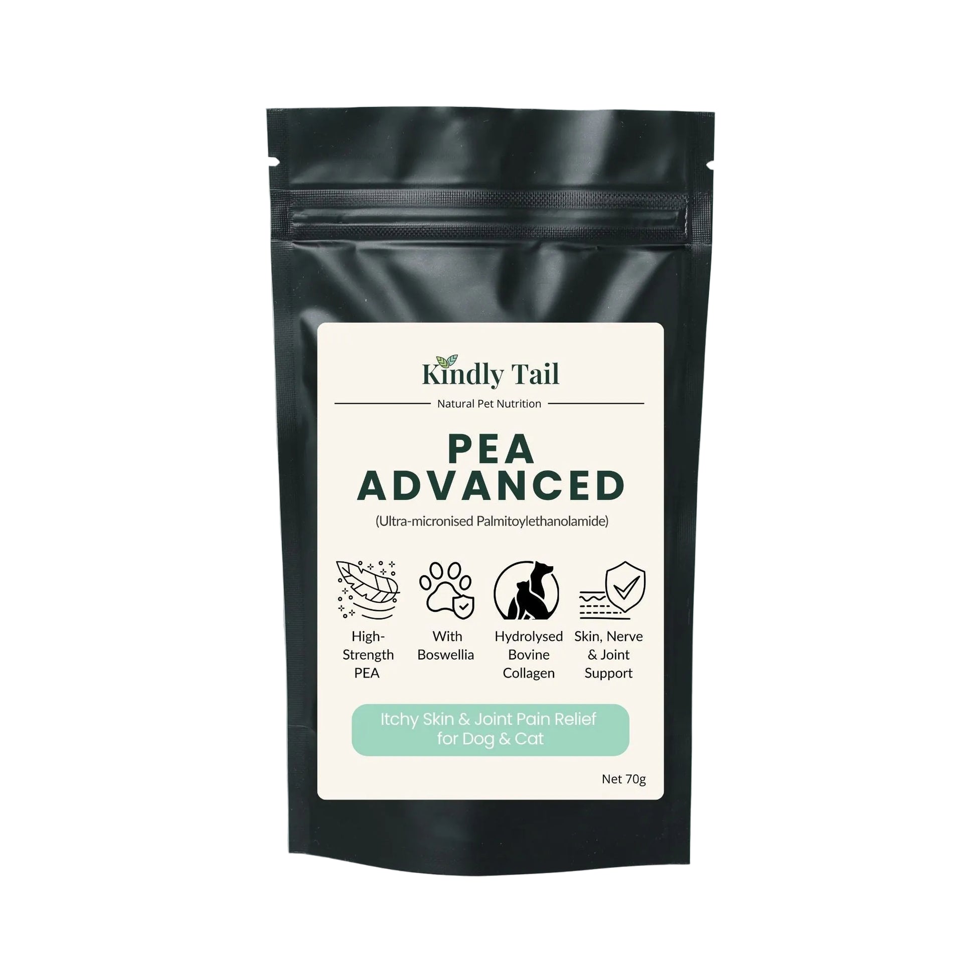 Kindly Tail Pea Advanced pet supplement package on a light gray background