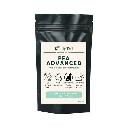 Kindly Tail Pea Advanced pet supplement package on a light gray background