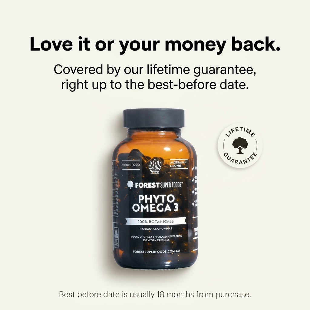Bottle of Forest Super Foods Phyto Omega 3 with a lifetime guarantee label on a white background.