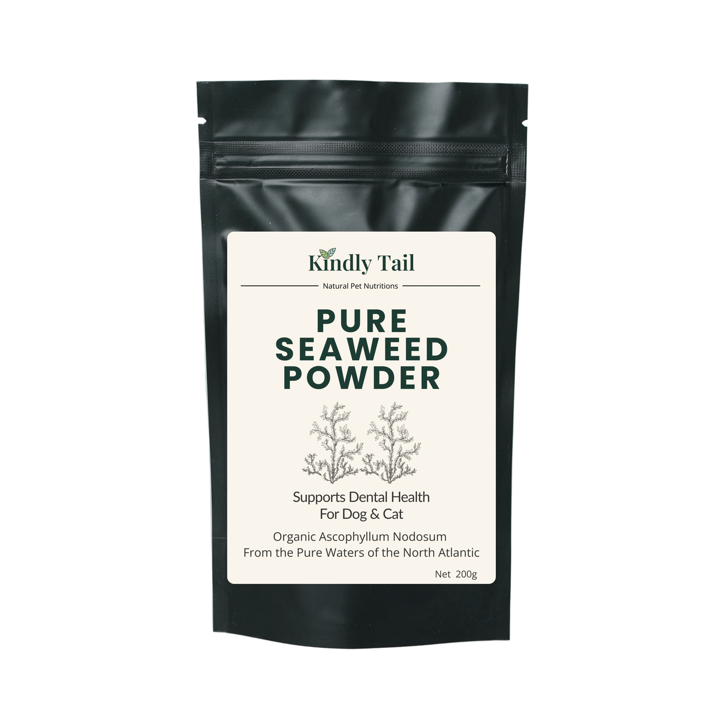 A black stand-up pouch of Kindly Tail Pure Seaweed Powder for dogs and cats, featuring a clean white label with dark green text, set against a solid light blue-gray background.