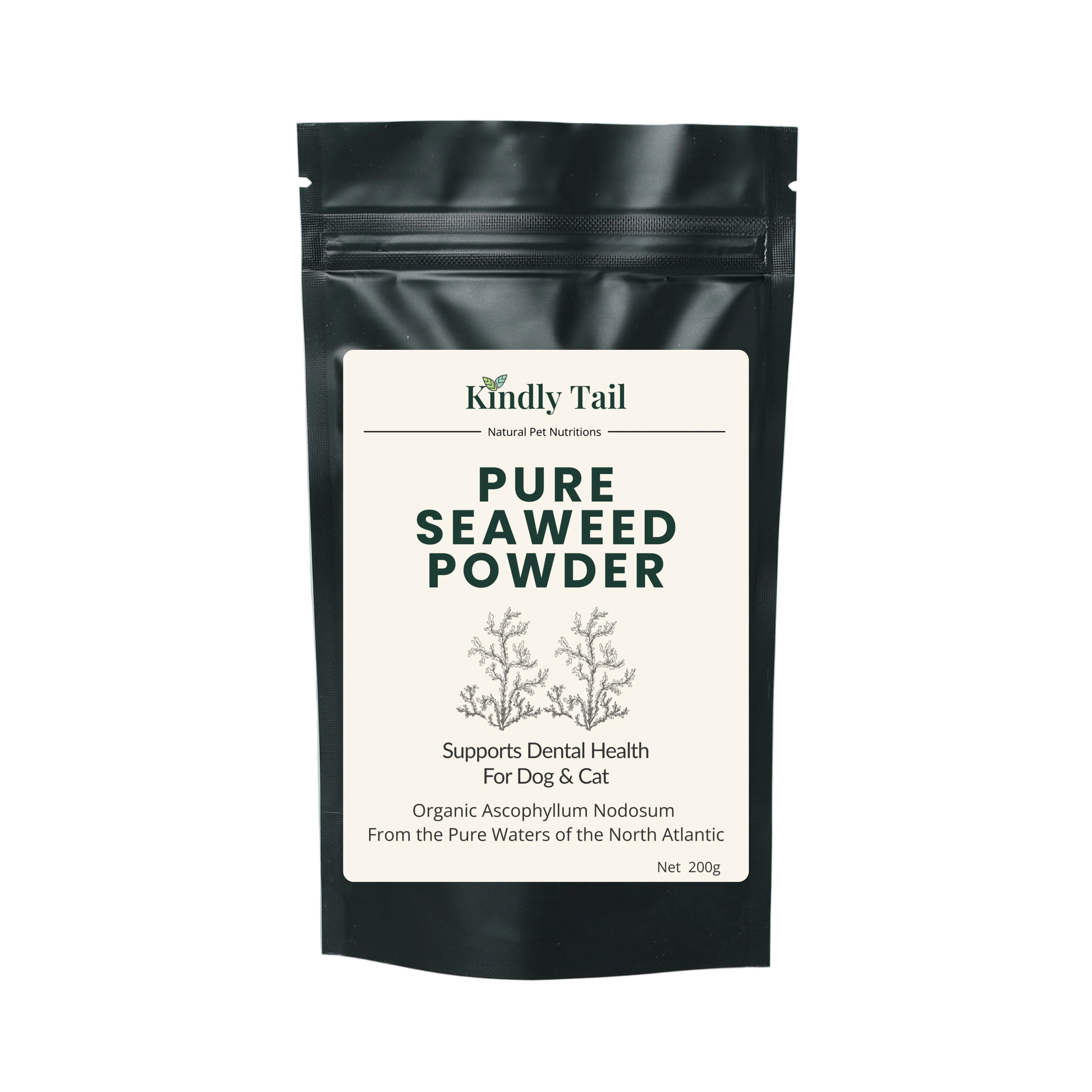 A black stand-up pouch of Kindly Tail Pure Seaweed Powder for dogs and cats, featuring a clean white label with dark green text, set against a solid light blue-gray background.