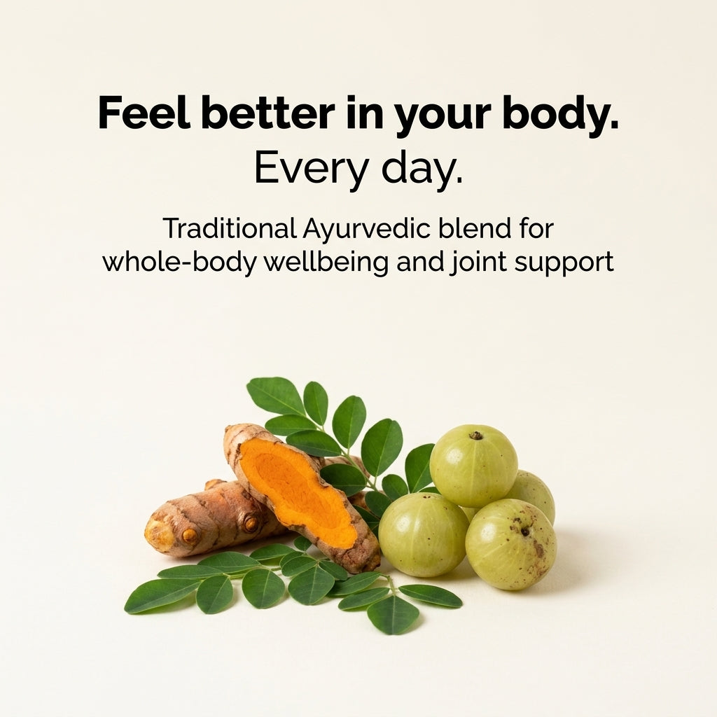 Traditional Ayurvedic blend with turmeric and green fruits on a light background