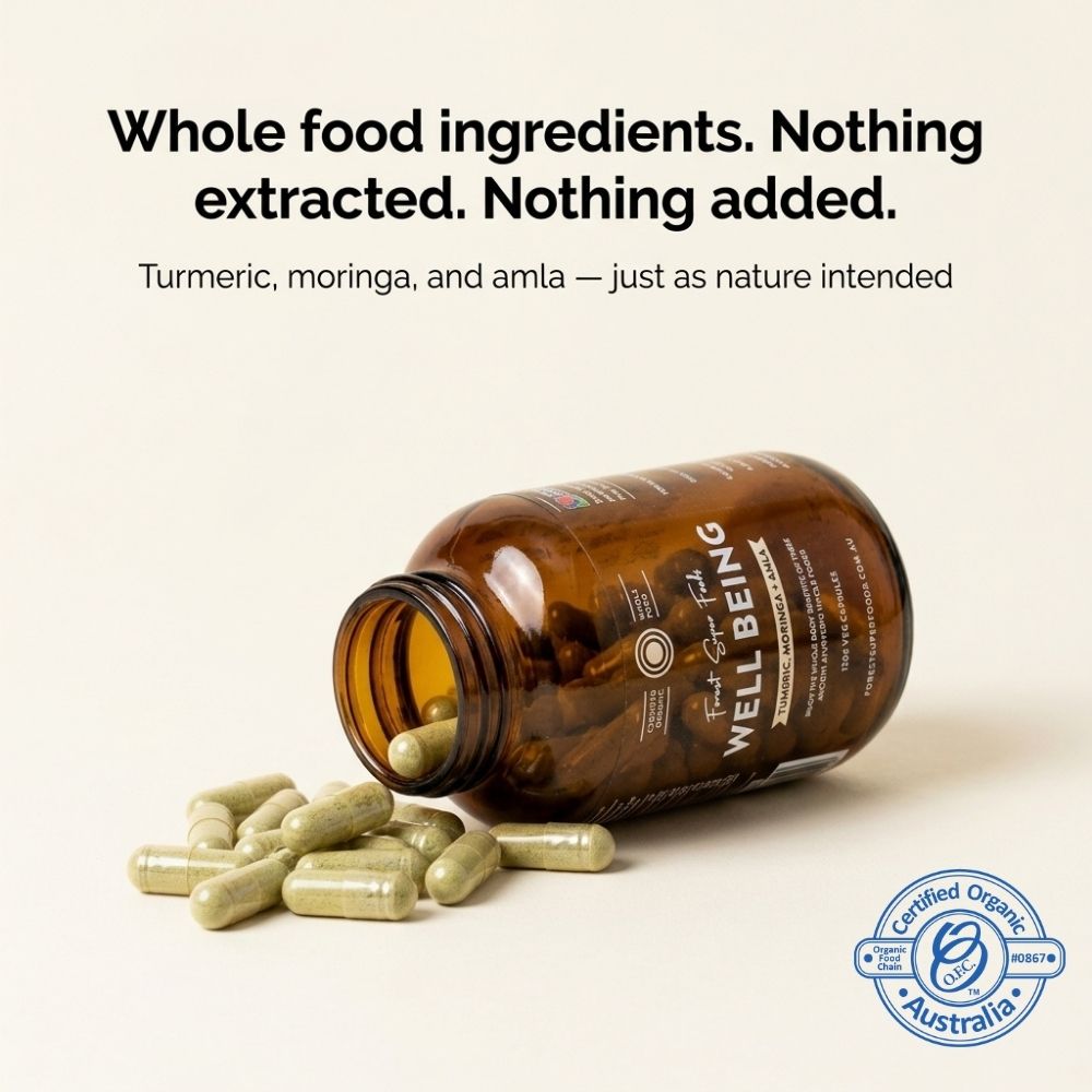 Brown supplement bottle with capsules on a light background, featuring 'Well Being' brand.