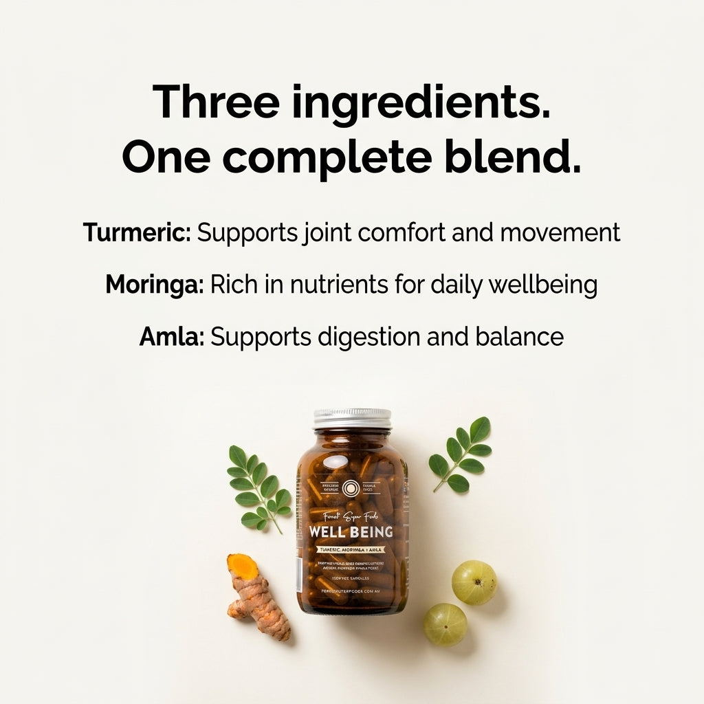 Well-being supplement bottle with turmeric, moringa, and amla on a white background