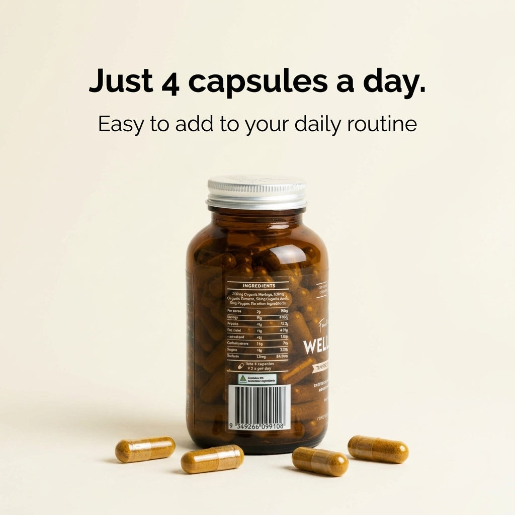 Brown supplement bottle with capsules on a beige background, promoting daily intake of 4 capsules.
